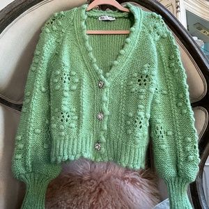 ZARA Alpaca Knit Sweater Cardigan Pom Pom Rhinestone Buttons Pale Green Small
